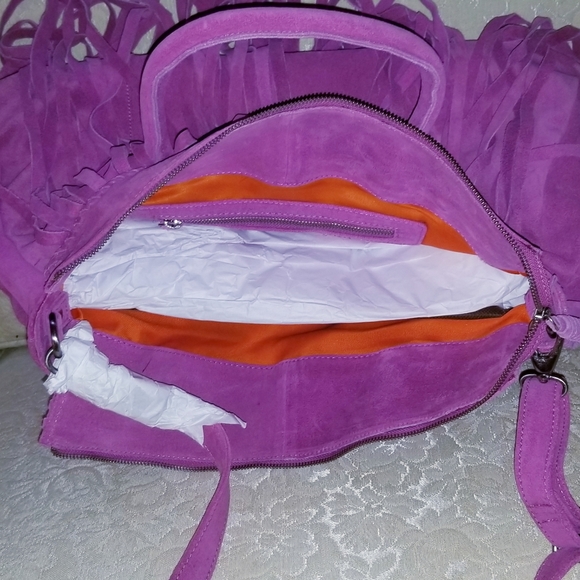BEAUTIFUL FUSCHIA SUEDE FRINGED LARGE TOTE BAG - Picture 3 of 6
